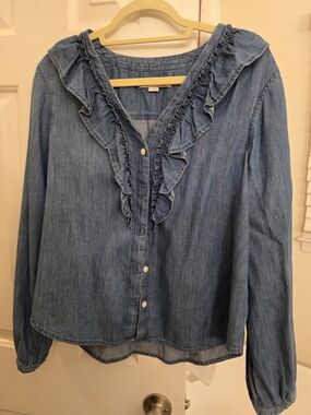 LOFT Light Blue Ruffle Denim Button-Down Shirt